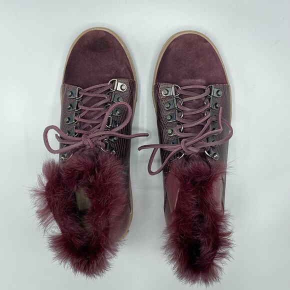BCBGMAXAZRIA Deniz Hi Top Sneakers Size 7 Rabbit Fur Bordeaux‎ Burgundy Suede - Picture 6 of 13